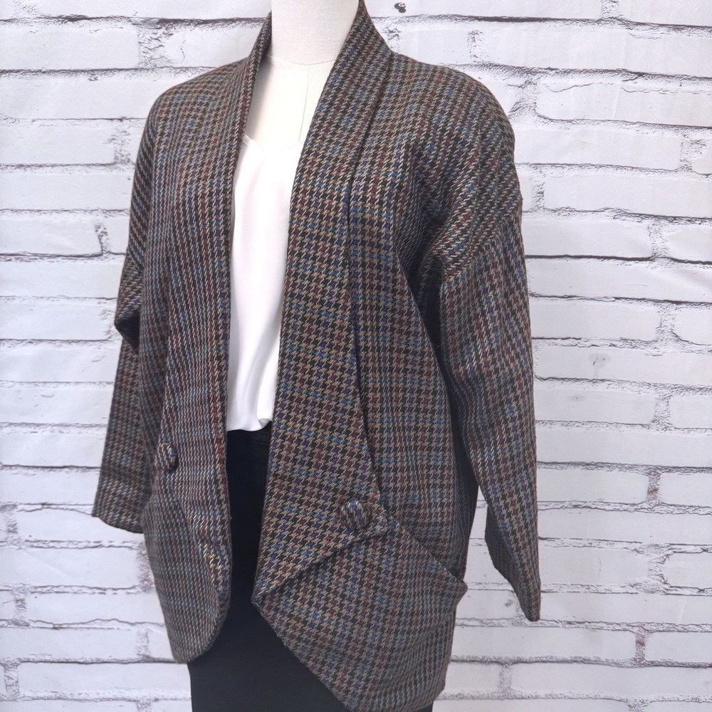 Vintage Houndstooth Tweed Jacket Women's Medium Draped Shawl Collar Open Front - Picture 3 of 16